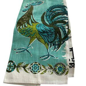 Vintage LINEN NEW cock Rooster birds turquoise avocado green te towel dish